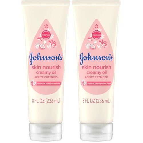 Johnson's Skin Nourish Creamy Baby Oil for Dry Skin with Coconut & Honeysuckle Scent, Rich & Creamy Baby Body Oil Moisturizes for 24 Hours & Helps Prevent Dryness, Hypoallergenic, 8 fl. Oz (Pack of 2)