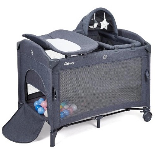 5-in-1 Pack and Play, Baby Bedside Sleeper with Bassinet, Portable Crib, Diaper Changer, Playard and Hanging Toy, Nursery Center , Deep-Grey