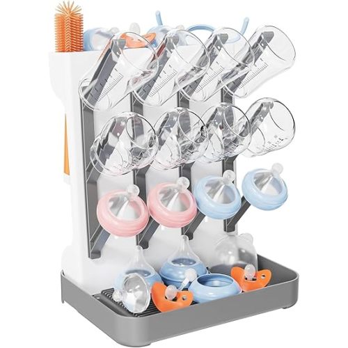Baby Bottle Drying Rack, Space Saving for Countertop & Kitchen, Large Vertical Bottle Dryer Rack Holder for Easy Storage, Dry Nipples, Pacifiers and Other Baby Essentials (Grey)