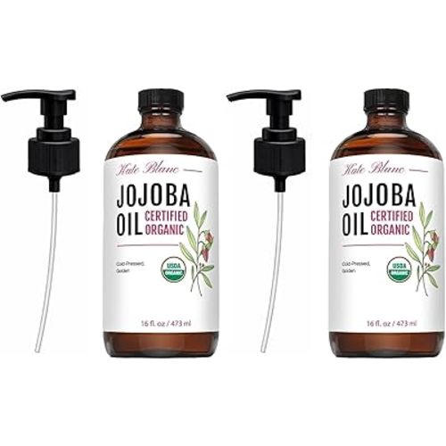 Kate Blanc Cosmetics Organic Jojoba Oil for Hair, Skin & Face (16oz, 100% Pure, Cold Pressed, Natural, Hexane Free, Glass Bottle) (Pack of 2)
