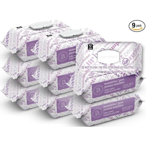 Amazon Elements Baby Wipes, Sensitive, Unscented, Cleans Gently, 810 Count, Flip-Top Packs, Pack of 9