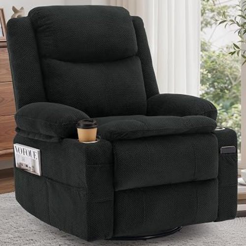 Korser Recliner Chair, 360° Swivel Rocker Recliner for Adults, Rocking Recliners with Massage & Heat, Manual Reclining Glider with Cup Holders, Nursery Rocking Chairs for Nursery, Living Room, Black