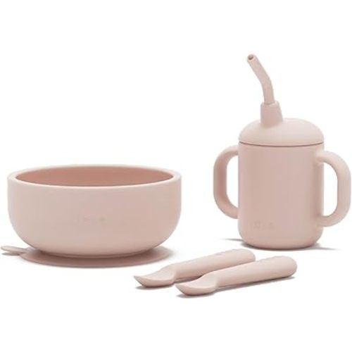 Lalo First Bites Silicone Baby Feeding Set - Baby Led Weaning Supplies - Non-Toxic Silicone - Includes 2 Spoons, Training Cup, & Suction Bowl - 4 Pieces - Grapefruit