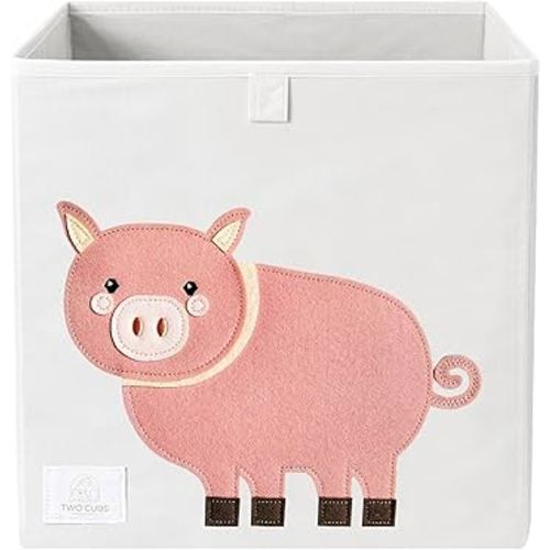 Two Cubs Foldable Kids Toy Storage Box - 13"x13" Cube Organizer Bin with Durable 2.6mm Plastic Plate Boards, Pig Design in White - Collapsible Nursery & Playroom Storage, Fits IKEA Kallax Shelves