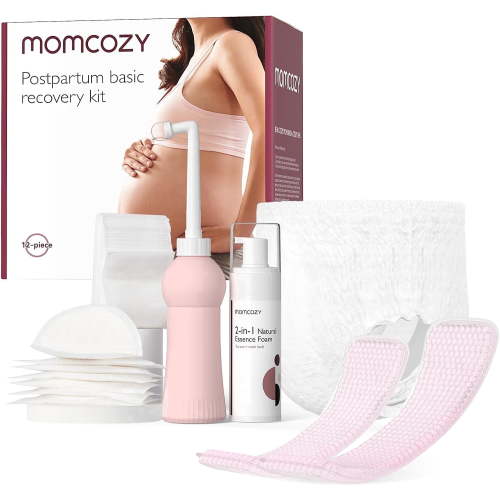 Momcozy Postpartum Recovery Essentials Kit, Labor Delivery Mom Care Kit, Self-Absorbent Disposable Underwear Nipple Nursing Pads Upside Down Peri Bottle Cold Pads Cooling Foam Canvas Bag Set