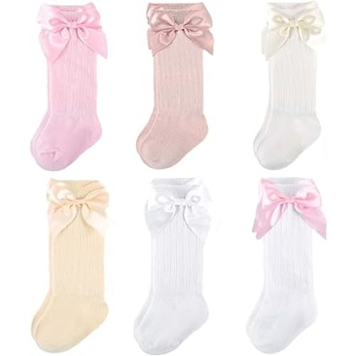 6 Pairs Preemie Knee High Socks with Bows Newborn Soft Cotton Tube Socks Baby Girl Infant Long Socks 0 to 3 Months