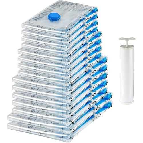 Amazon Basics Vacuum Storage Bags for Clothes, Compression Space Saving Storage Bags with Hand Pump, Reusable, Heavy-Duty Seal Protection, Multiple Sizes, White, 15-Pack