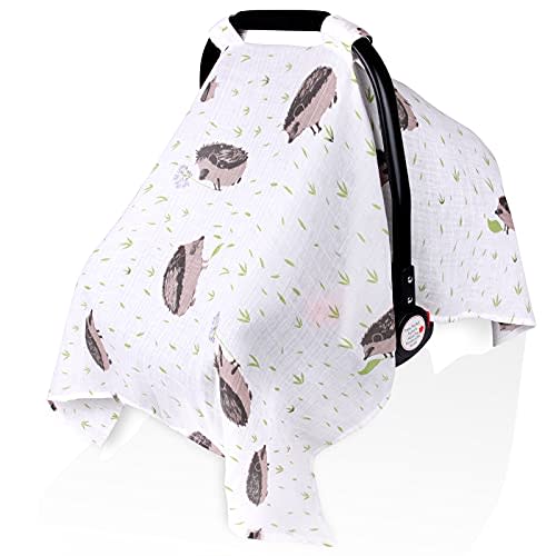 Muslin Baby Car Seat Cover, Metplus Infant Carseat Canopy Newborn Carrier Stroller Covers for Girls Boys, Lightweight Breathable Fit Summer Spring Autumn, Large Size 47.2 x 35.4 inch, Hedgehog