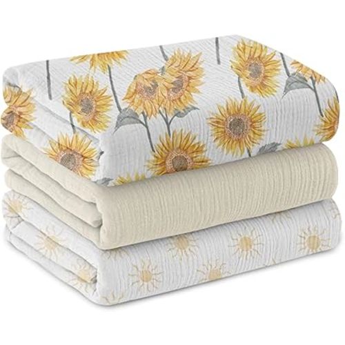 Muslin Swaddle Blankets for Newborn, 3 Pack Breathable Soft Receiving Blanket, Large 38 x 40 inches Swaddle Wrap Burping Clothes, Essentials Infant Shower Items, Toddler Gift (Sunflower, 3 Pack)