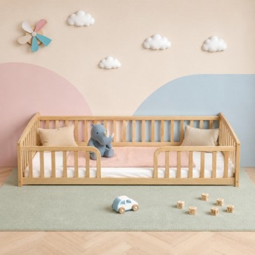 Polibi Twin Size Floor Fence Bed with Central Entrance, Guardrails, Pine Wood Floor for Bedroom, Natural : Target