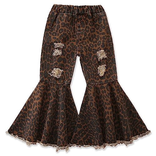 IWEMEK Toddler Girls Ruffle Ripped Jeans Bell Bottom Flare Pants Ripped Denim Leggings Trousers Elastic Waist Ruffle Pants