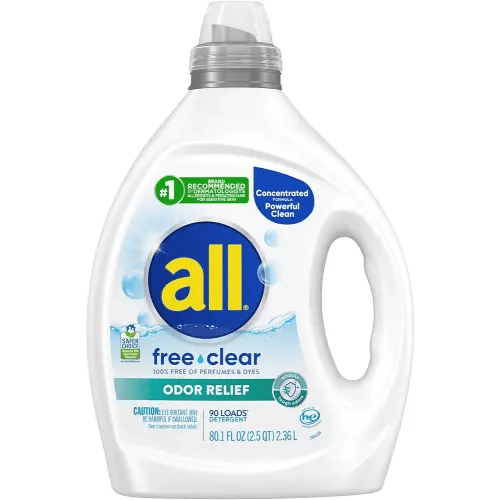 all Laundry Detergent Liquid, Free Clear for Sensitive Skin, Odor Relief, Unscented and Hypoallergenic, 2X Concentrated, 90 Loads