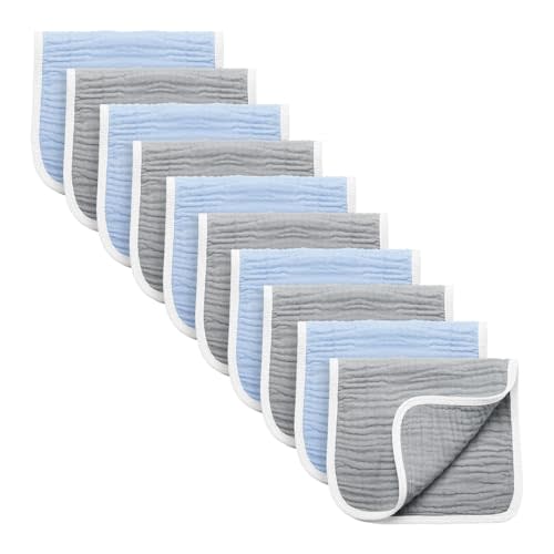 Synrroe Burp Cloths Large, Muslin Burp Cloths for Baby Girls and Boys, Pack of 10 Extra Absorbent and Soft Muslin, 6 Layers 20 by 10 Inches 100% Cotton (Blue-Grey 10 Pack)