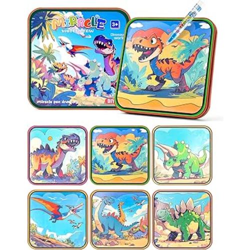 Dinosaur Reusable Water Painting Book Toys for Kids, Magic Watercolor Books Toy with Water Pen Fairy Tale for 3+ Ages Boys and Girls (Dinosaur)
