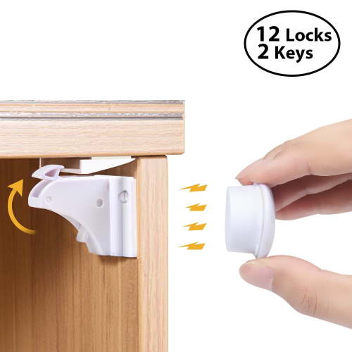 12 Pack Magnetic Cabinet Locks Baby Proofing - Children Proof Cupboard Drawers Latches - Easy Installation