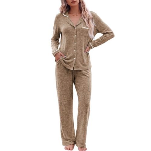 Ekouaer Womens Pajama Sets Long Sleeve Button Down 2 Piece Lounge Set | Soft 2 Piece Lounge Sets, Fall and Winter Sleepwear, Long Pants With Side Pockets, Soft and Skin-Friendly Rayon Blend
