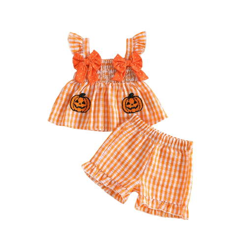Loicainy Baby Toddler Girl Halloween Clothes Set 6 9 12 18 24 Months 2T 3T Pumpkin/Ghost/Bat Embroidered Plaid Print Fly Sleeve Square Neck Tops and Shorts 2 Pieces Outfits