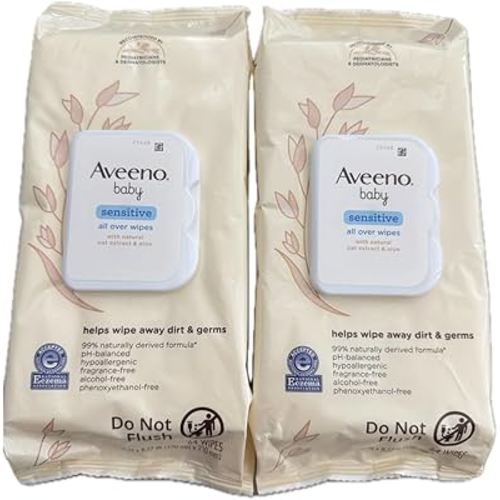 Baby Sensitive All Over Wipes, with Aloe & Natural Oat Extract for Face, Bottom, Hands & Body, Hypoallergenic, Gentle, Fragrance-Free, Unscented 64 ct (Pack of 2) – Compatible with Aveeno Wipes
