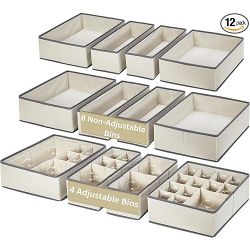 DECOMOMO Drawer Organizer for Baby – Clothes Organizer & Storage Dividers for Nursery, Storage Bins for Underwear, Bra, Socks, Diapers & Newborn Essentials (Beige, 12pcs)