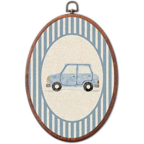 Vintage Classic Cars Nursery Oval Wall Art, Blue Stripe Canvas Prints Framed, Farmhouse Retro Decor Wall Art Hanging Decor for Kids Toddler Room Playroom Decoration, 8.6x11.4 Inch
