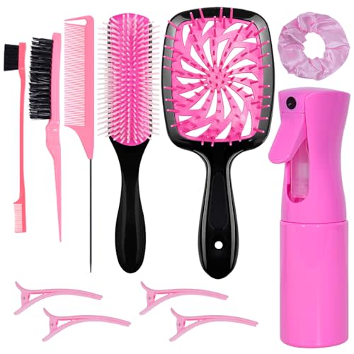 11-Piece Hair Brush Set with Detangling Brush and Hair Spray Bottle, Pink | Complete styling kit for women and kids with curly, thick or natural hair; suitable for wet or dry detangling and styling.