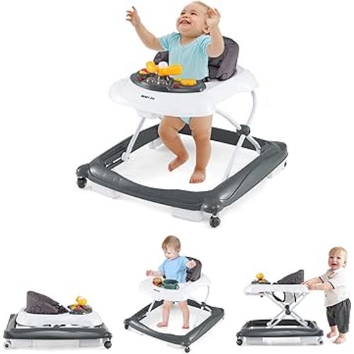 HONEY JOY Baby Walker, 5 in 1 Infant Activity Walker with Wheels, Music, Removable Cushion, Toddler Foldable Push Walker for Boys Girls, Anti-Rollover Walkers for Babies 7-14 Months (Gray)