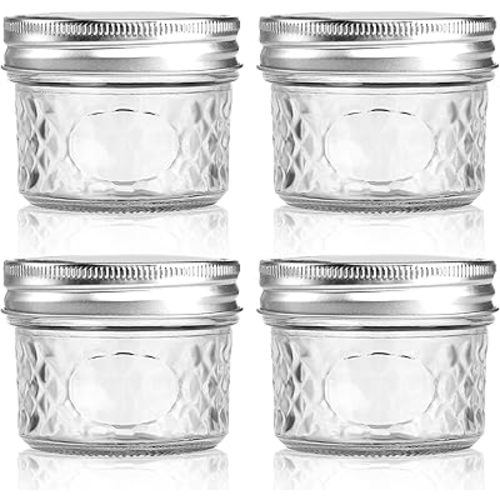 4 oz/120 ml Clear Glass Storage Canister with Airtight Lid, Small Cute Decorative Mason Container Jar for Salad, Overnight Oats, Snacks, Yogurt, Cereal, Fruit, Spice, Sugar, Coffee -4 Pack