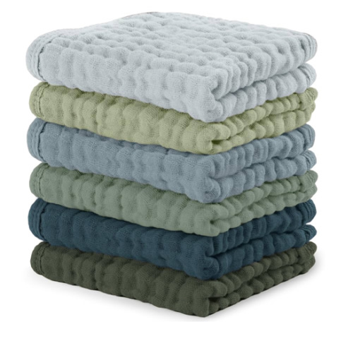 Comfy Cubs Muslin Baby Washcloths 6 Pack - Soft 6-Layer Cotton Wash Cloths for Sensitive Skin - 10"x10" Large, Gentle, Absorbent Infant Essentials for Newborn and Toddlers - Multi Boy