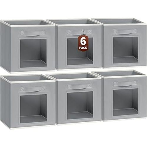 Storage Cube 11 Inch - Cube Storage Bins with Window, Closet Storage Baskets with Handle, Fabric Bins for Closet, Shelves, Toys, Clothes, Set of 6, Grey