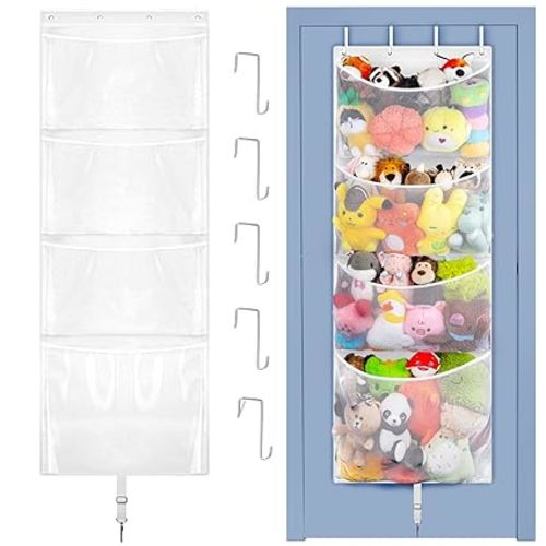 Woodoulogy Hanging Stuffed Animal Storage, Over Door Large Plush Toy Organizer with Metal Hook, Baby Accessory Holder Idea for Nursery, Doll & Bear Mesh Hammock Bag for Girl Boy Kid Room