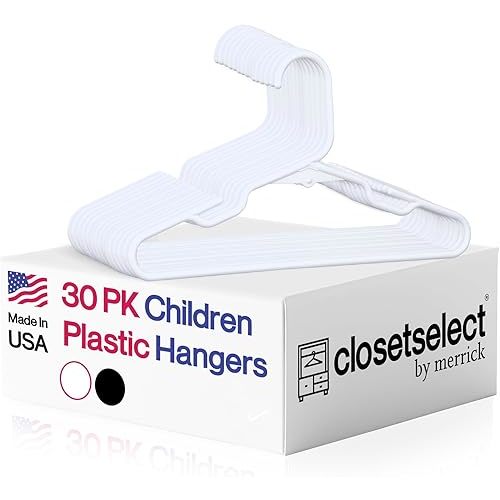 30 Pk Kids Children Hangers Plastic Made in USA, for Children, Infant, Toddler, Baby Clothes, White, 30 Pack Non-Slip