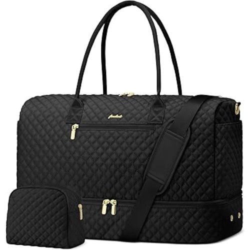 Travel Weekender Bags for Women - Duffle Bag Women with Shoe Compartment Carry On Overnight Bag with Toiletry Bag Duffel Bags with Wet Pocket for Gym Hospital Bags Black for College