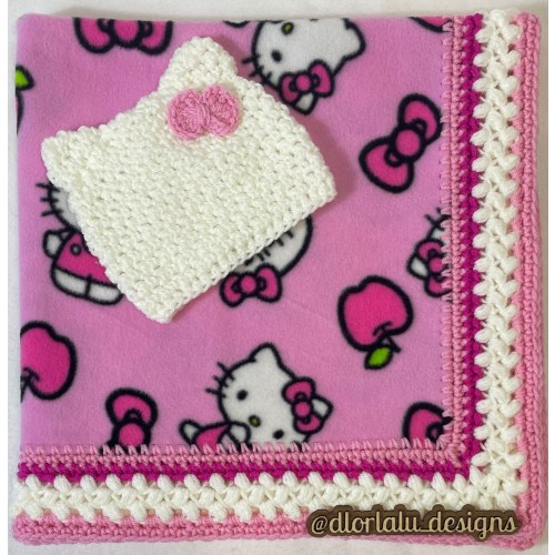 Baby Gift Set:  Baby blanket with crochet boarder and coordinating hat.  Hello Kitty themed nursery or baby shower gift.