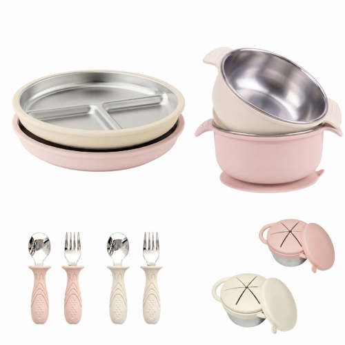 Stainless Steel Baby Feeding Set – 10-Piece Complete Mealtime Set with Suction Plates, Bowls, Utensils & Snack Cups (Tofu & Pearl Blush)