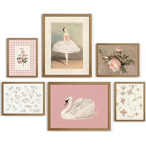 Nursery Pink Wall Art Decor Baby Girl Canvas Wall Art Vintage Floral Prints Kids Room Wall Decor Preppy Flower Poster Antique Pink Pictures Swans Painting for Girls Room Bedroom 8x10x6 Inch Framed