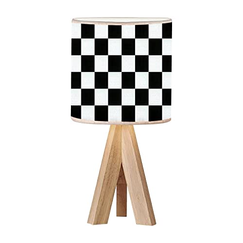 OEPWQIWEPZ Tripod Bedside Desk Table Lamp Black White Checkered Seamless Endless Racing Flag Texture Wood Nightstand Lamp with Linen Fabric Shade for Nursery Bedroom Living Room Kids Room