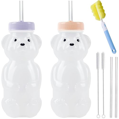 Honey Bear Straw Cups, Juice Bear Bottle Drinking Cup Long Straws with 4 Flexible Straws & Cleaning Tools, 8-Ounce Therapy Sippy Bottles for Speech and Feeding Training, Food-Grade & BPA Free 2 Pack