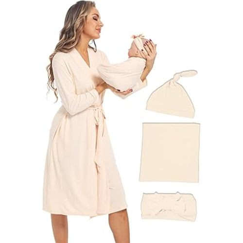 QTECLOR Maternity Robe with Matching Swaddle Blanket Set,Maternity Barhrobe Delivery Labor Robe for Hospital Women Dress