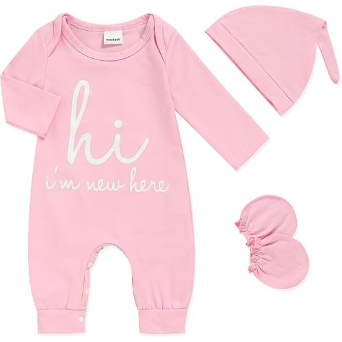 GRNSHTS Newborn Baby Boy Romper Coming Home Outfits Letter Print Bodysuit Jumpsuit+Hat+Gloves 3PCS Clothes Set