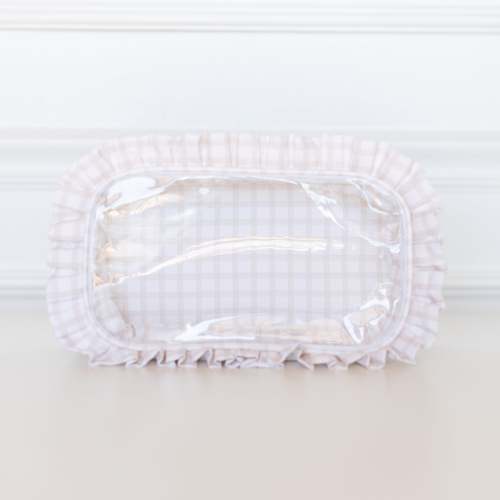 Nude Plaid Ruffled Nylon Large Clear Pouch