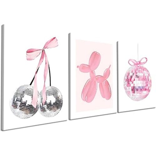 Framed Pink Disco Ball Wall Art Set of 3, Cute Cherry with Bows and Balloon Dog Posters Print, Trendy Pink Aesthetic Party Wall Decor for Teen Girls Bedroom Dorm Apartment 12x16in