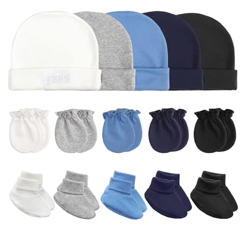 AQOKKA Newborn Baby Hats Mittens and Socks for Toddler Boy Girl 0-6 Months | 5 Sets Soft Cotton Infant Bear Ears Beanie Cap Newborn No Scratch Mittens Warm Socks Unisex Nursery Hospital Hats for Girls