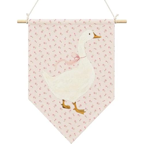 BCUANGD Goose Nursery Wall Art Decor, Goose Girl Nursery Hanging Pennant Flag, Pink Flower Farm Animal Wall Decor Banner Decorations for Home Kids Girls Toddler Room Bedroom, 11x15 Inch