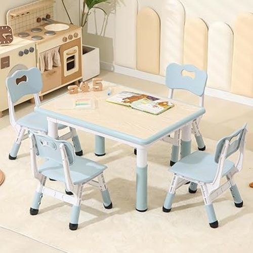 Toddler Table and Chairs, Kids Table and 4 Chairs Set with Graffiti Desktop, Height-Adjustable Kids Study Table for Boys and Girls Aged 3-8, Max 300lbs