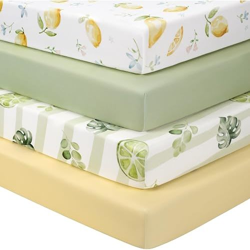 Mini Crib Sheets 38" x 26", Pack and Play Sheets Fitted for Pack n Play Mattress,4 Pack Soft Stretchy Microfiber Yellow Green Lemon