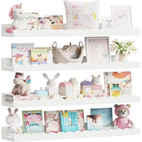 Yirilan 4-Pack 23.5IN Scalloped Shelves, Nursery Shelves for Wall, Floating Nursery Book Shelves for Kids, White