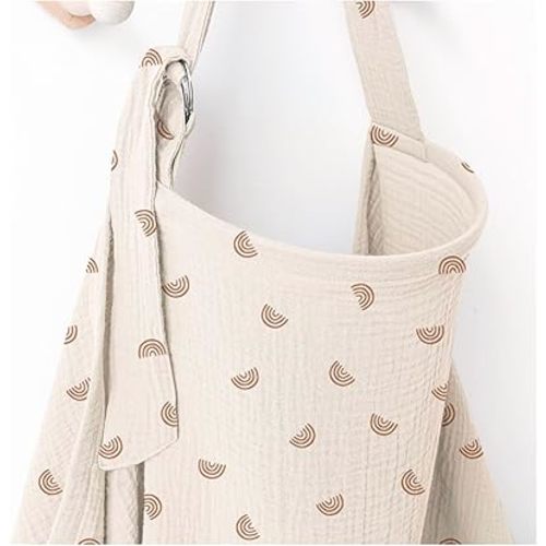 Qunlions life Muslin Nursing Covers for Breastfeeding, Privacy Breast Feeding Cover with Arch Neckline for Mom and Baby, Breathable 100% Cotton Nursing Apron Multi-use Stroller Cover (Ivory Rainbow)