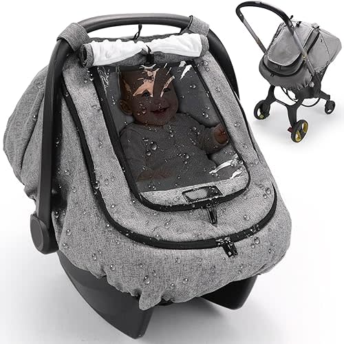 Waterproof Car Seat Cover for Baby, 2-Layer Car Seat Rain Cover with Clear Window & Sunshade & Mesh Cover, Universal Infant Carseat Canopy for Stroller, Protect from Rain and Snow - Gray