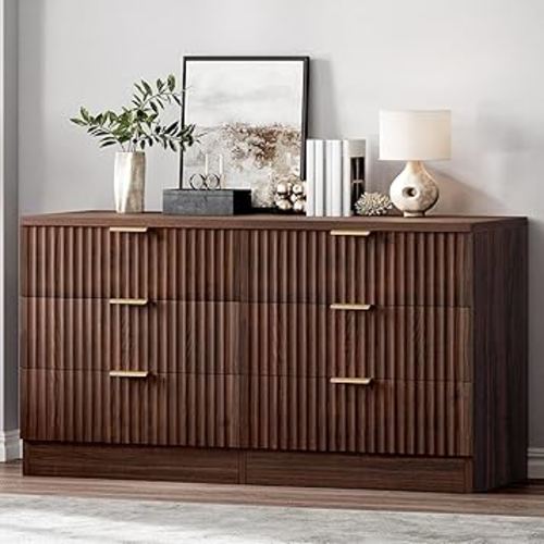 DWVO Fluted 6 Drawer Dressers, 47.5" Wide Modern Chest of Drawers, Wooden Dresser with Metal Handle, Versatile TV Stand Cabinet Table for Bedroom, Closet, Living Room, Hallway, Walnut
