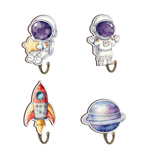 Space Nursery Decor Wall Hooks, 4 Pcs Wooden Space Hooks for Kids Room,Cute Astronaut Rocket Planet Moon Towel Hangers for Baby Boy Nursery Bathroom Home Wall Decor, 4 x 4 Inches Kids Walls Hook